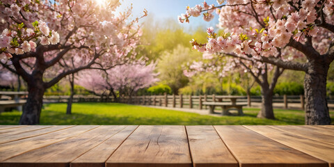 Naklejka premium spring in the park, Empty wooden table in flower park with garden bokeh background, country outdoor theme mock-up for product display, wooden table in front of the spring blossom tree landscape