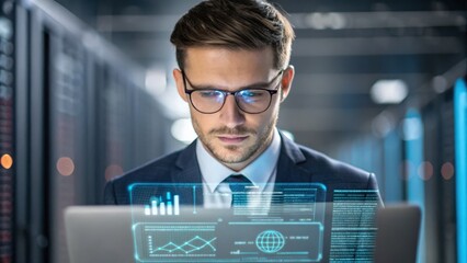 protect prevention policy concept. Professional man analyzing data on a laptop in a tech environment.