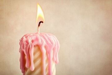 Close up of a dripping pink candle with a warm glow, perfect for romantic settings, celebrations, or relaxation, creating a calming and inviting atmosphere