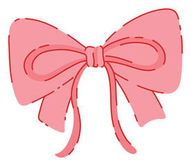 Lush Pink Double Ribbon Bow Hand Drawn Illustration Isolated on White Background. Cute Girly Bowknot for Gifts, Present Knots or Hairstyle