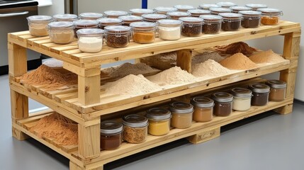 A pallet wood baking station with shelves for baking ingredients.