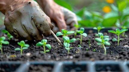 Close-up of Hands Transplanting Seedlings into Rich Soil, Gardening and Growth Concept.