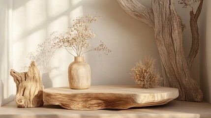 Wooden pedestal with rustic decor and dried floral arrangement