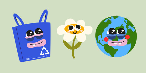 Cartoon groovy characters on the theme of recycling in trendy retro style. Eco lifestyle, no plactic, eco bag, zero waste. Environmental protection, recycling. Vector illustration