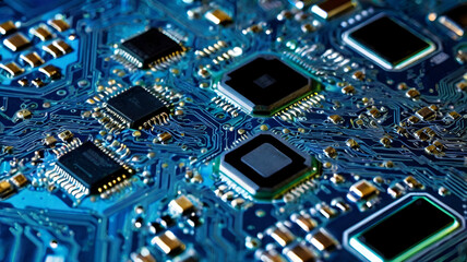 Fototapeta premium computer circuit board, High-tech circuit board background, abstract digital technology presentations, electronic components, digital infrastructure, blue tech theme, modern electronics evolution expa