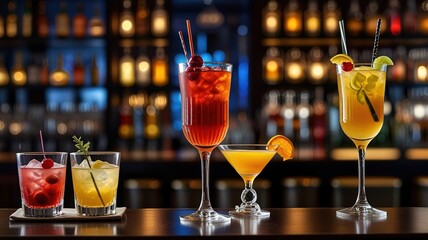 Distinct cocktails placed on a glossy, dark bar counter