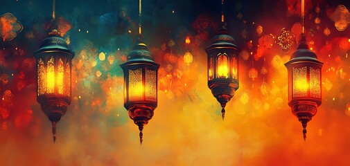 Obraz premium Four Glowing Ornate Lanterns Against a Vibrant Colorful Backdrop
