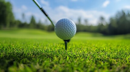 Obraz premium Close-Up Tee Ball Golf and Club Golf, Hitting Golf Ball on a Sunny Day.