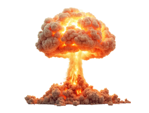 Nuclear explosion, powerful with a mushroom cloud rising up isolated on the transparent background