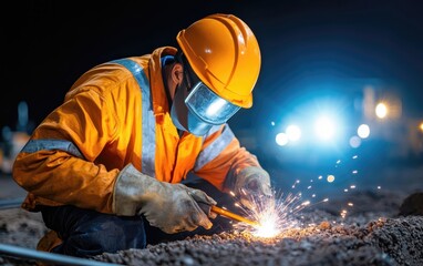 Construction site worker with welding mask shield and safety gear. A worker in safety gear welds at night, creating sparks amid a construction site illuminated by lights.