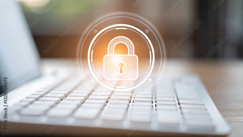 Poster protect prevention policy concept. digital lock icon on a keyboard representing cybersecurity and pr
