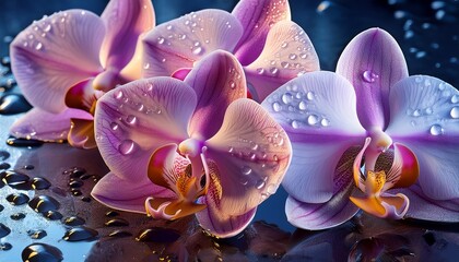 Obraz na płótnie Canvas Close-up of orchids with glistening water droplets on the petals, creating a stunning and fresh atmosphere. The delicate details of the flowers and the sparkle of the droplets add elegance and beauty.