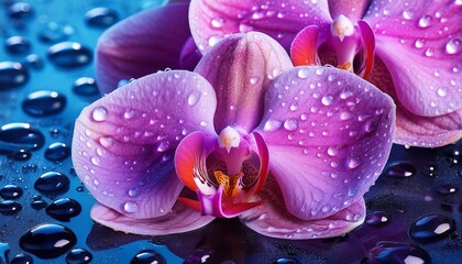 Close-up of orchids with glistening water droplets on the petals, creating a stunning and fresh atmosphere. The delicate details of the flowers and the sparkle of the droplets add elegance and beauty. © Photo by mQ