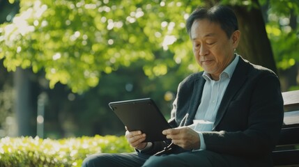Senior businessman using tablet while sitting on bench in park during sunny day