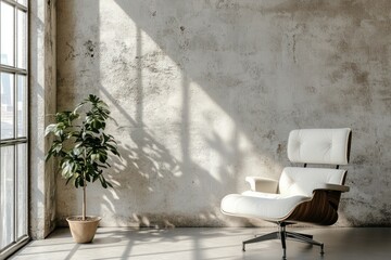 Sunlit room with chair, plant, and textured wall.