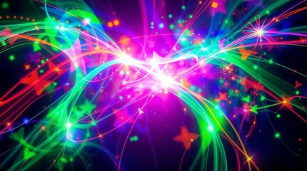 Fototapeta premium Colorful abstract light trails and stars illuminating dark background in a festive atmosphere