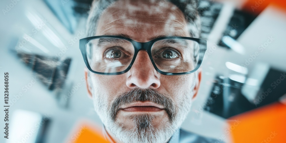 Poster future-forward professional insights close-up of contemplative tech leader in innovative workspace, 