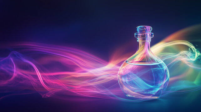 Magical glowing elixir in a delicate glass bottle with swirling vibrant energy effects.