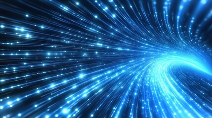 Fototapeta premium A vibrant blue light tunnel radiating with particles, creating a sense of motion and depth in a dynamic digital space.