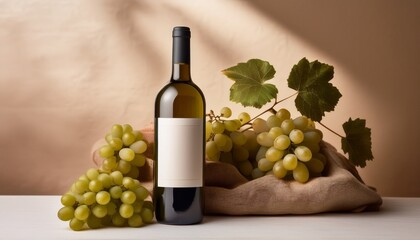 Obraz premium Organic wine in an elegant bottle, surrounded by grapes and subtle natural materials, showcasing its premium quality and connection to nature, perfect for a refined, eco-conscious celebration