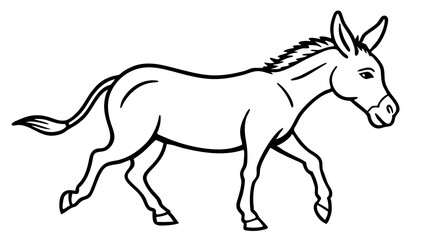 Obraz premium A Steadfast Donkey Calmly Traversing A Sun-drenched Landscape, A Simple Line Drawing In Bold Black Strokes Against A White Backdrop