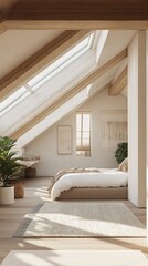 A cozy and stylish modern attic bedroom.	