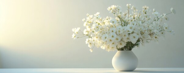 A vase containing many beautiful white flowers in bright light
