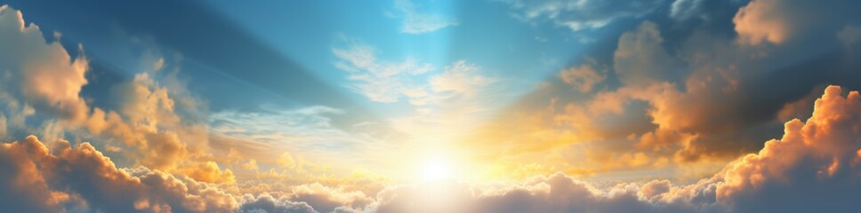 Obraz premium Heavenly sky with golden clouds at sunrise beautiful dreamy atmosphere vibrant sunbeams gentle light blue sky celestial peaceful scene