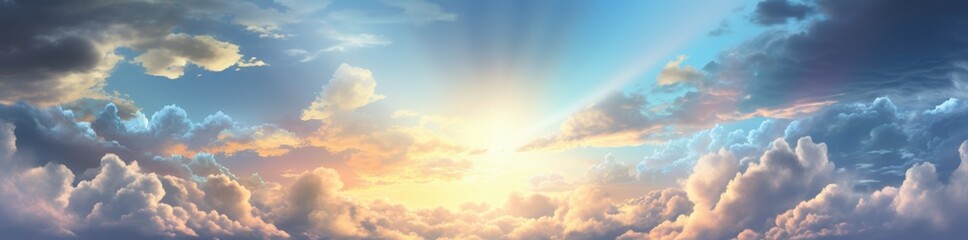 Obraz premium Heavenly sky with golden clouds at sunrise beautiful dreamy atmosphere vibrant sunbeams gentle light blue sky celestial peaceful scene