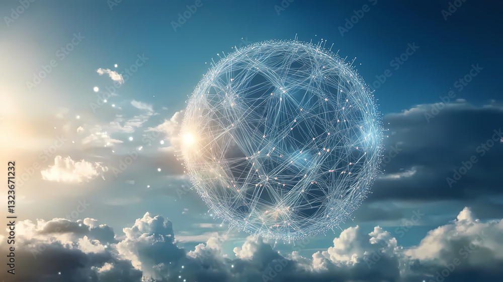 Poster abstract sphere with light rays on a calm sky background