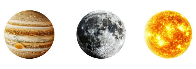 Set of Planet Sun, Moon, and Jupiter Isolated on Transparent Background, PNG