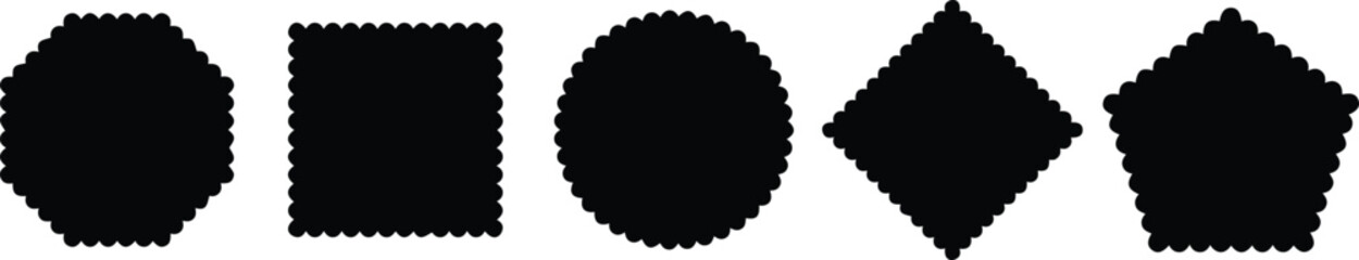 Black silhouette scallop with zigzag edges set. Geometric different stickers with zigzag wavy edge.  Label Stamp Box, circle, polygonal element for design