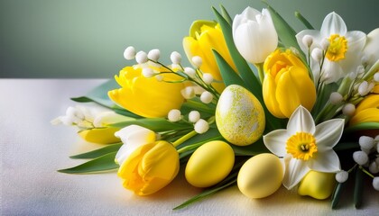 Fototapeta premium Easter bouquet of yellow tulips, white daffodils, and fresh green sprigs, creating a cheerful, springtime arrangement perfect for celebrating the season of renewal and joy. 
