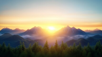 Obraz premium Majestic sunset over a mountain range, with a foreground of evergreen trees and a layer of mist in the valley.
