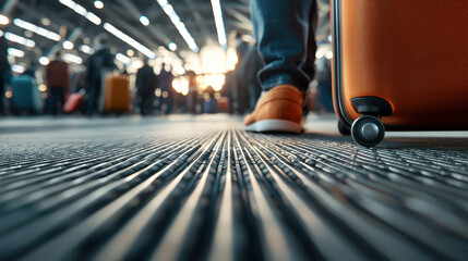 cinematic view of bustling airport with travelers and luggage. focus is on rolling suitcase and textured floor, capturing vibrant atmosphere of travel