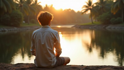 Serene Sunset Meditation by the Lake