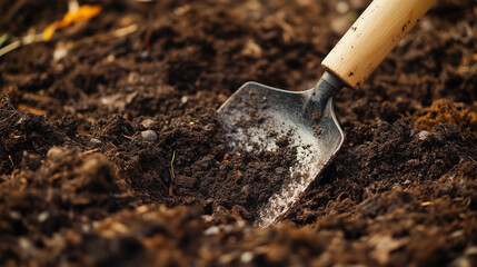 Shovel digging into rich dark soil, representing gardening, agriculture, and the cycle of nature.