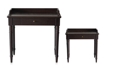 front view antique two large and small chocolate color table has a single drawer on white background, object, furniture, decor, fashion, copy space