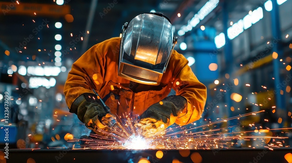 Poster welder in action, skilled metalworker fabricating robust structures in a bustling shipyard, showcasi