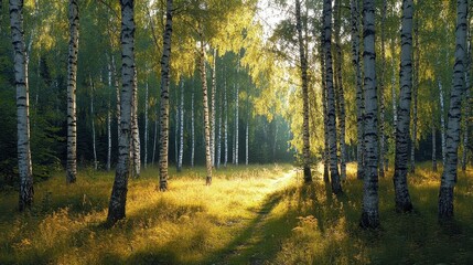 Fototapeta premium Sunlit birch forest path, tall trees & green grass. Ideal for nature, tranquility, peace themes, evokes serenity.