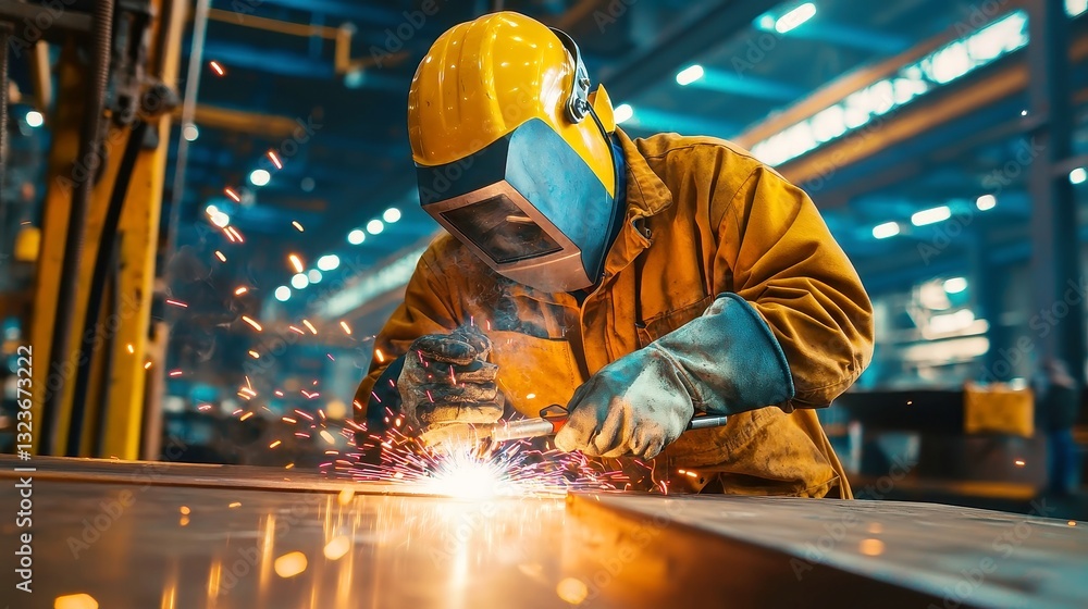 Poster welder in action, skilled metalworker crafting robust structures in a bustling shipyard, showcasing 