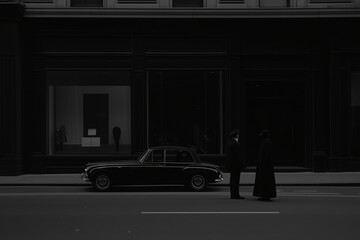 Echoes of a bygone era: A noir monochrome composition depicts an antique car parked on a city street, with two figures conversing nearby, suggesting a scene of mystery and elegance. 