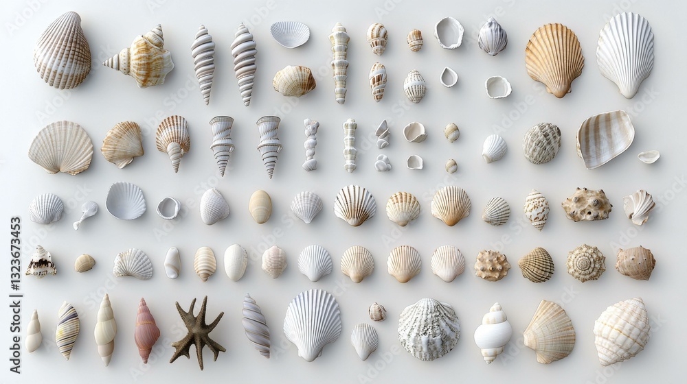 Aufkleber variety of seashells displayed on a white background, showcasing natural textures and patterns in a 