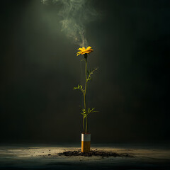 A symbolic image of a cigarette turning into a bunch of flowers, which bloom brightly against a dark, smoky backdrop. This reflects the idea of smoking being replaced by fresh, positive habits