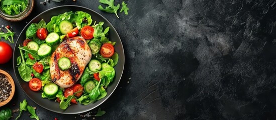 Grilled chicken breast, fillet and fresh vegetable salad of lettuce, arugula, spinach, cucumber and tomato. Healthy lunch menu. Diet food. Top view. Banner