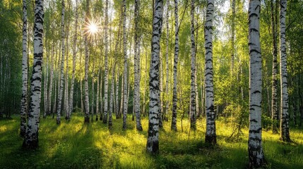 Obraz premium Sunlit birch forest, tall trees with white bark. Perfect for nature, tranquility, or spring themes.