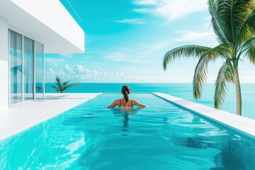 Young woman in the swimming pool of a modern beach house. Luxury ocean front property. White building with the blue sea water.