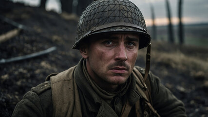 Fototapeta premium An intense portrait of soldier with a determined look on his face in the field.