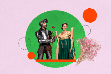Trend artwork banner sketch 3D photo collage of young man hold rose knight conqueror vintage costume character lady smile success yes wife