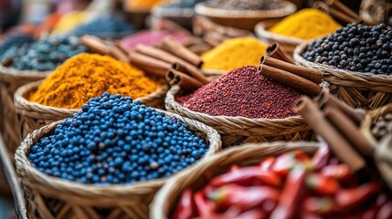 Fototapeta premium An array of colorful spices displayed in woven baskets at a bustling market.